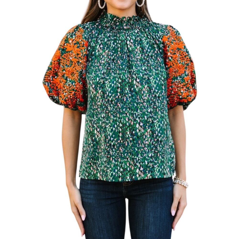 THML Say It All Green Floral Blouse Orange Embroidered Puff Sleeves Size XS